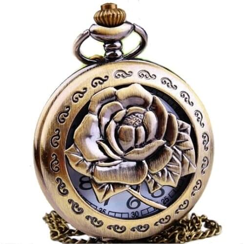 1 pc SMALL POCKET WATCH Size 3 CM Women Open Hollowed ROSE Petals Bronze necklace