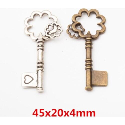 50pcs 45*20MM Vintage silver color key charms antique bronze metal alloy key pendants for bracelet earring diy jewelry