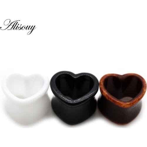 Alisouy 1Pair Acrylic Ear Plug love Heart Tunnels Piercing White&Black&Brown Flesh Tunnel Body Piercing Stretcher Expander Gauge