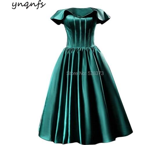 YNQNFS B24 Boat Off Shoulder Ruffles Emerald Green Satin Knee Length Robe 2019 Bridesmaid Dresses Party Guest Wear