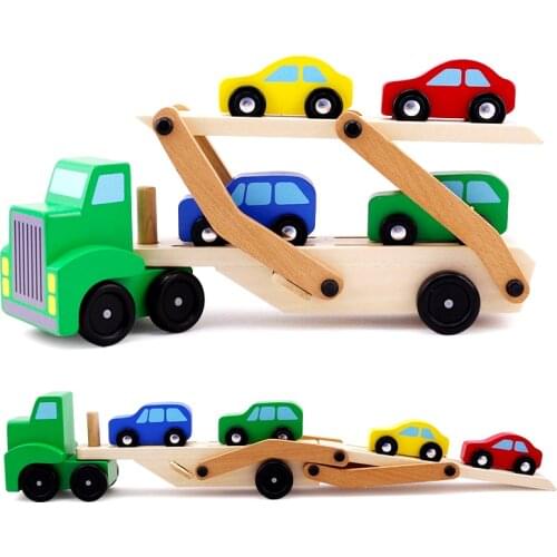 Kids Wooden Car Toy Wooden Double-Decker Truck Transport Set Simulation Car Model Toys for Children Gifts