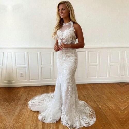 Long Mermaid Lace Wedding Dresses 2020 with Tulle Sleeveless for Bride vestido de noiva Ball Gown Backless Train