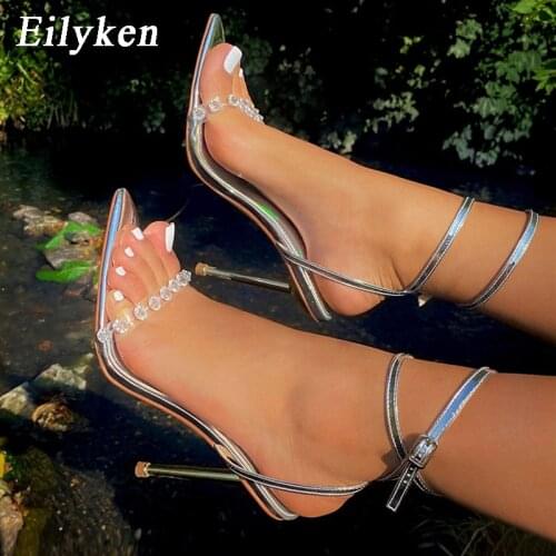 Eilyken New Crystal Sexy Women Sandals Metal High Heels Ankle Buckle Strap Gladiator Ladies Pumps Stiletto Nightclub Party Shoes