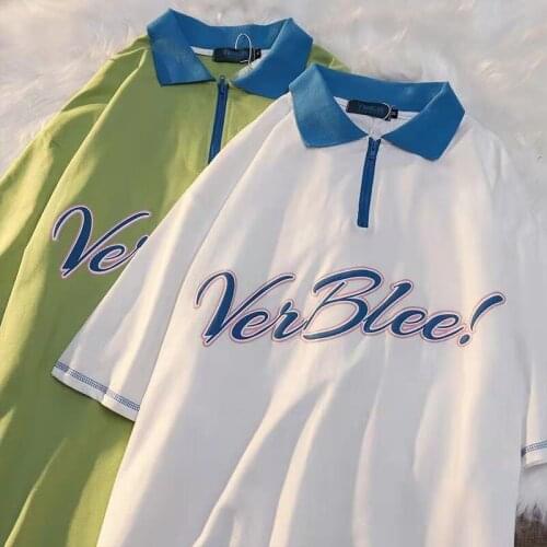 Polo Collar Zipper Letter Print Harajuku T-shirt Short Sleeve Summer Tops for Women 2021 Casual Kawaii Clothes Oversized T Shirt