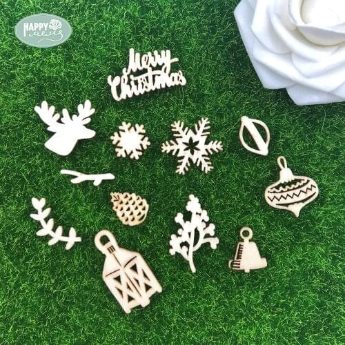 Happymems Merry Christmas Theme 24pcs/lot DIY Crafts Wall Sticker Embellishments For Scrapbooking Natural Wooden Shapes