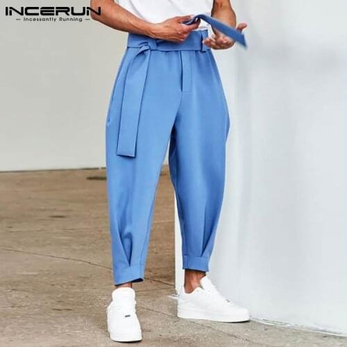 INCERUN 2021 New Mens Fashion Solid Color Pants Drawstring Leisure Harem Trouser Chinomens Loose Wide Leg Pants Trousers S-5XL