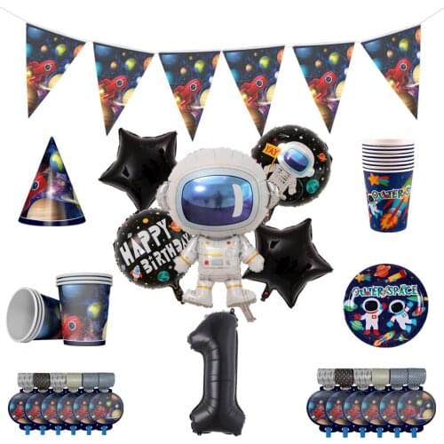 Space Theme Birthday Balloon Decoration Rocket Astronaut Disposable Tableware Paper Cup Paper Plate For Birthday Boy Baby Shower