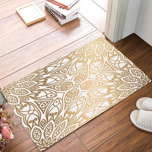 Gold Moroccan Pattern Under A Pet Water Food Bowl Doormats For Entrance Way Bathroom Accessories Set Dirt Debris Mud Trapper