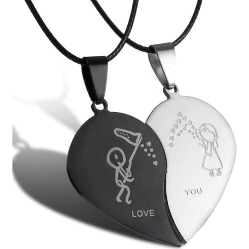 Fashion Couple Necklace Jewelry Heart Round Pendant Stainless Steel Necklace Unisex Lovers Valentines Gift Leather Chain Collar