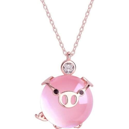 MOONROCY Rose Gold Color Pink Opal Chokers Ross Quartz CZ Pendant Necklace Pig for Women Girls Gift Dropshipping Jewelry