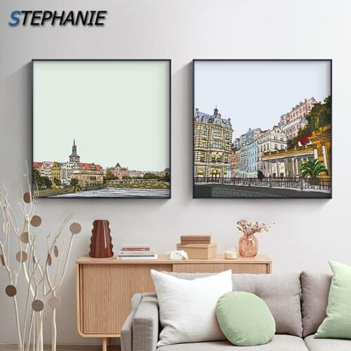 Nordic European City Wall Poster Landscape Wall Pictrues Abstract Watercolor Canvas Painting Modern Home Decor Colorful Wall Art