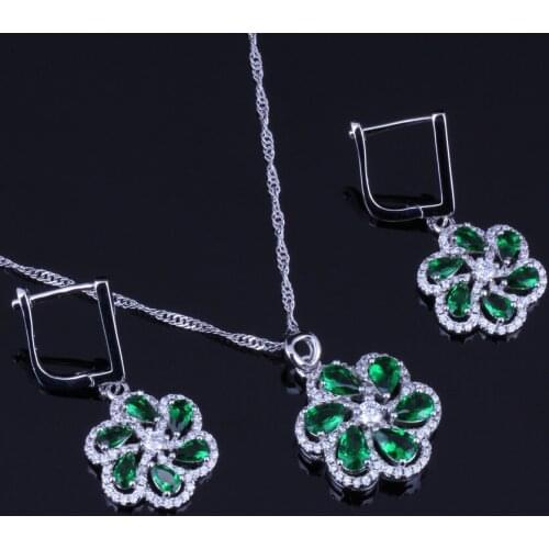 Charming Green Cubic Zirconia White CZ Silver Plated Jewelry Sets Earrings Pendant Chain V0017