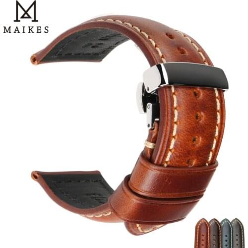 MAIKES Genuine Leather Watch Band Butterfly Buckle Band Steel Buckle Deployant Buckle Strap Brown Leather Watchbands 18-26mm