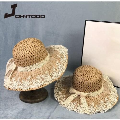 2021 Fashion Summer Women Lace Sun Hats Straw Wide Brim Beach Side Cap Floppy Girls Straw Hat Lace Solid Fringe Straw Hat Chapeu