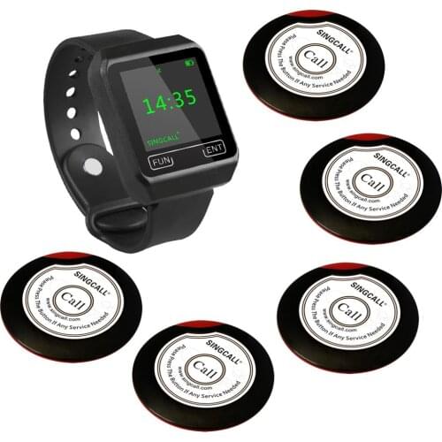 SINGCALL Wireless Supermarket Bank Service Paging Calling System, 1 APE6800 Watch Receiver and 5 Bells Buttons APE700RW