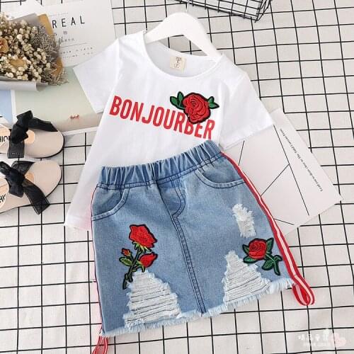 Thunderers Summer Embroidery Kids Clothing Set For Girl Letter Shirt With Ripped Jeans Skirt Children 2pcs Outfits Clothes Suit