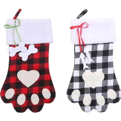 Creative Plaid Dog Paw Christmas Decor Stocking Christmas Tree Pendant Gift Bag Candy Bag Party Home Fireplace Decor Sock