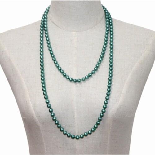 Peacock Green Simulated Pearl Beads Long Chain Necklace Statement Women Necklaces Round Glass Shell Pearl Gift Jewelry 56" A968