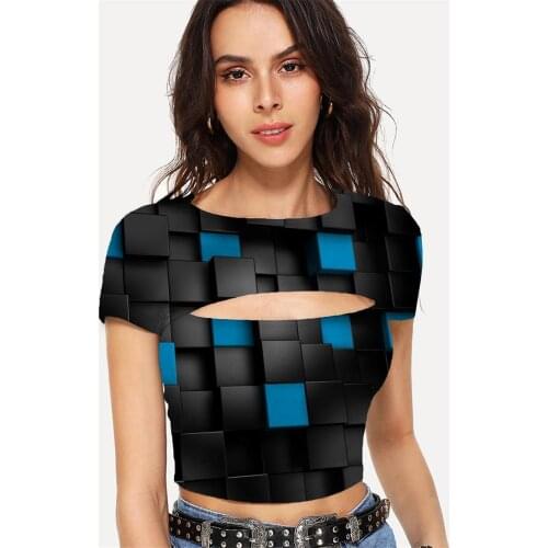 Somepet Cube T-shirt Women Geometry Tshirts Casual Abstract Shirt Print Psychedelic Navel Bare Short Sleeve Hip Hop Printed