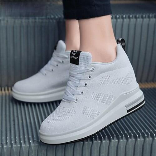 2021 Hide Heel Women Fashion Sneakers Flying Knitting Wedge Casual Shoes Woman Air Mesh Breathable Autumn High Top Ladies Shoes