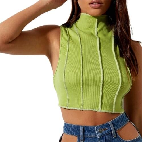 Womens Patchwork Tank Tops Sleeveless Mock Neck Contrast Stitch Rib Knit Crop Tops