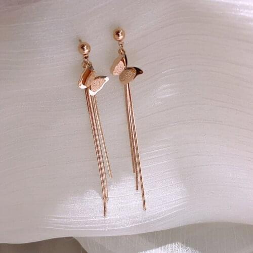 New Butterfly Earrings Rose Gold Color Stainless Steel Drop Tassel Earrings for Women Frosted Butterfly Cartilage Ear Studs