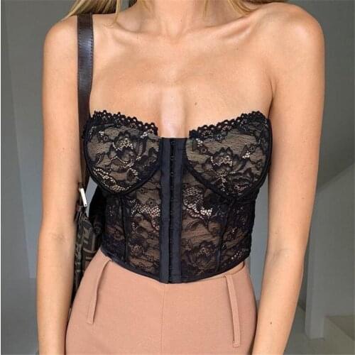 Women Sexy Solid See-through Lace Hem Backless Strapless Off-the-shoulder Tube Top Lace Fashion Tank White/ Black