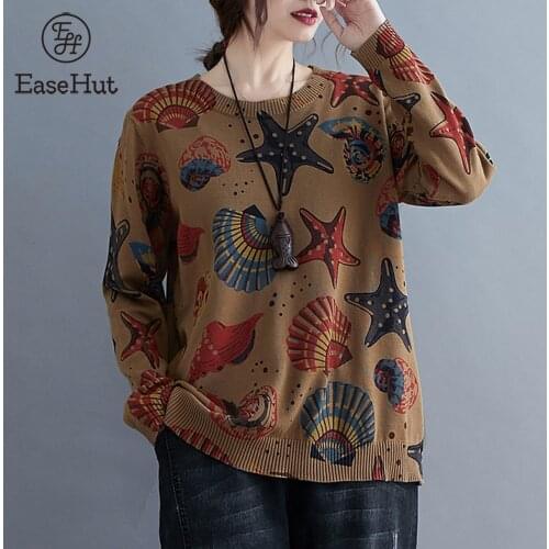 EaseHut Women Sweaters and Pullovers Vintage O Neck Long Sleeve Female Pullovers 2020 Autumn New Vintage Printed Sueter Mujer