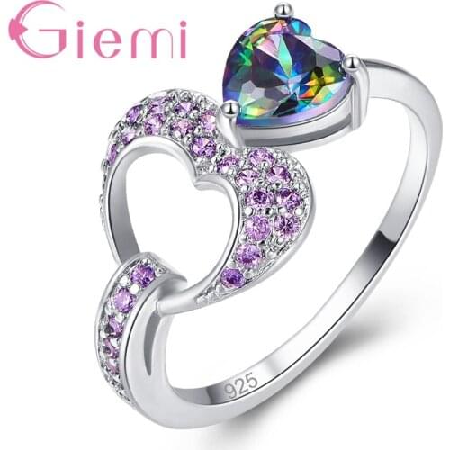 Forever Love Stamp Wedding Band Heart Rainbow Ring Romantic CZ Stone Heart Ring Jewelry For Women Free Shipping Size 6-9