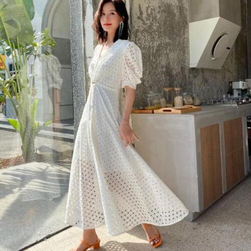 KIYUMI 2021 Summer Short Sleeve V-Neck Hight Waist Women Dresses Boho Hollow Out Floral Embroidered Dresses Beach Long Vestidos