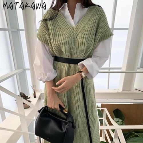 MATAKAWA Solid Straight V-neck Woman Dress Korea Chic Slit Knit Sweater Vest Dresses for Women with Belt