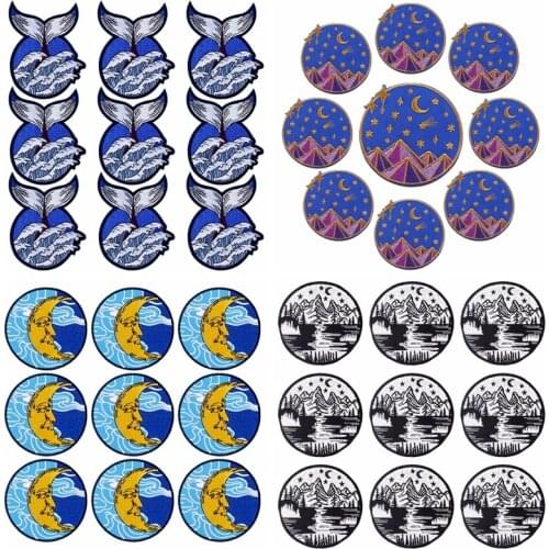 Prajna 10PCS Whale Patch Mountain Wave Embroidery Patches for Clothes Iron On Patches For Clothing DIY Stripes Van Gogh Stickers