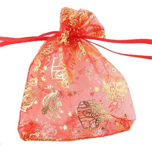 100pcs/pack Red And Gold Christmas Gift And Angel Organza Pouch Gift Drawstring Bags Fit Packing 7*9cm