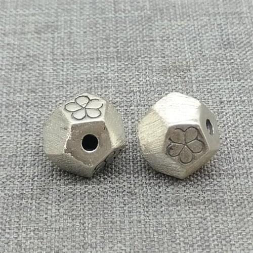 2 Pieces 925 Sterling Silver Polygon Facted Beads w/ Flower Imprint