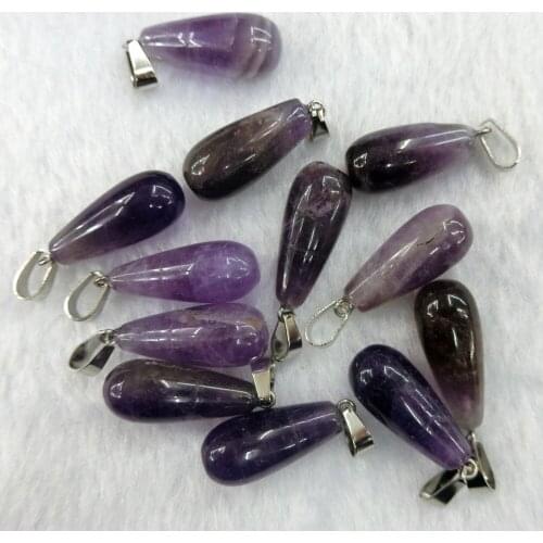 24pcs Teardrop Natural Amethysts Stone Charms Hexagonal Pyramid Treat Pillar Healing Reiki Point Pendant for Jewelry Making Free