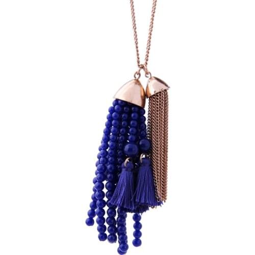 3 Color Green&Pink&Blue Cotton Tread Acrylic Beads Tassel Long Pendant Necklace For Women Necklace Fashion Jewelry