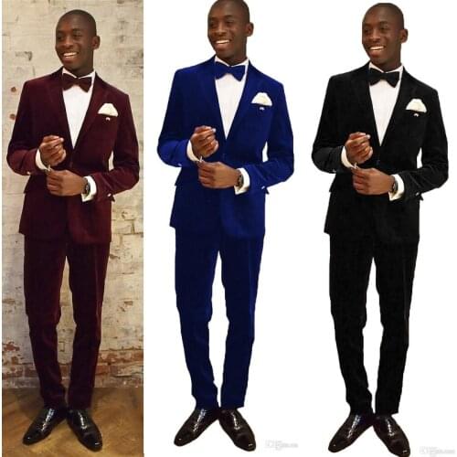 Velvet 2 Pieces Men Suits for Wedding Notched Lapel Two Button Prom Suits Slim Fit Costume Mariage Homme Tuxedos(Coat+Pant)