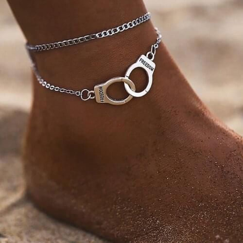 Simple Personality Handcuff Pendant Double Layer Anklets Women Fashion Gold Silver Color Foot Chain Ankle Bracelets Accessories