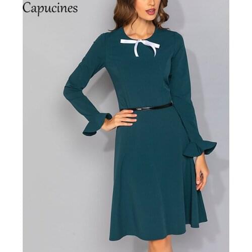 Capucines Ribbon Bow Embellished Flare Sleeve Dresses Women Simple Style Round Neck Long Sleeve A word Slim Autumn Dress