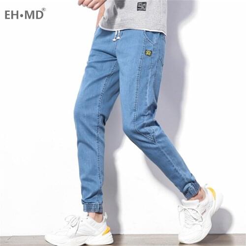 EH · MD® Drawstring Jeans Mens Elastic Belt Trousers Casual Trousers Soft Fabric Micro Chapter Pure Color Fashion Slim 2020 New