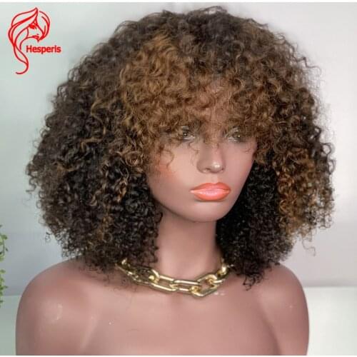 Hesperis 200 Density Short Bob Curly Human Hair Wigs With Bang Brazilian Remy Kinky Curly Scalp Top Full Machine Made Wig