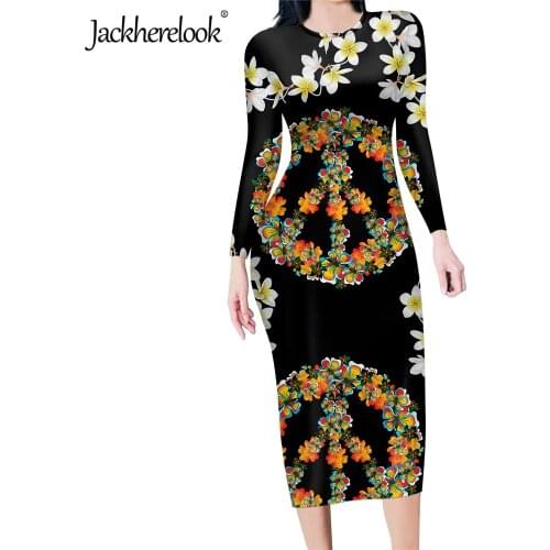 Jackherelook Sexy Bodycon Pencil Dress for Elegant Womens Hippie Peace Sign Flower Printing Vintage Office Ladys Slim Dresses