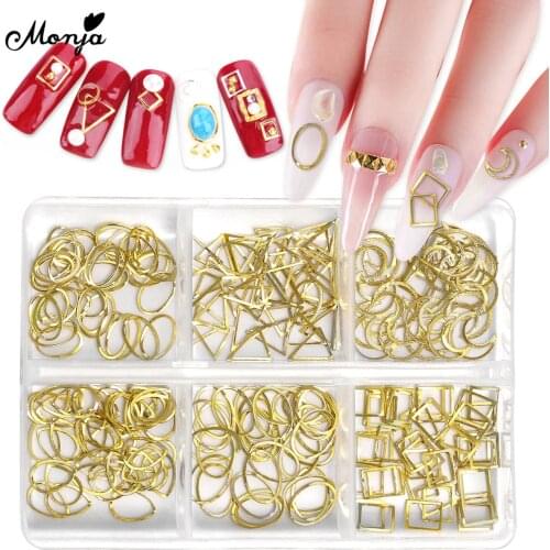 Monja 6 Grids/Box Nail Art Gold Mixed Shape Moon Square Triangle Hollow Metal 3D Designer Charm Manicure Decoration Accessories