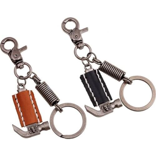 Punk Rock Men Skull Keychain Vintage Metal Skeleton Hammer Leather Charm Alloy Rings Black Car Keys Chain Fashion Gothic Jewelry