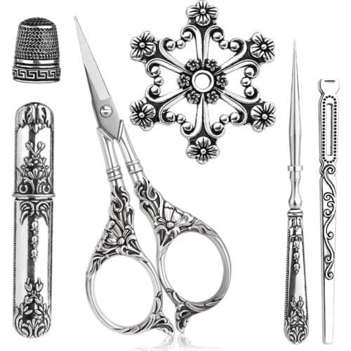 Embroidery Scissors Kits, Vintage Scissors European Style Sewing Scissors with Thimble and Metal Floss Bobbin for DIY Crafting