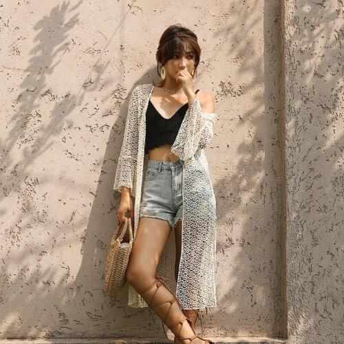 Pearl Diary Women Knitted Lace Cotton Kimonos Summer Beach Cover Up Casual Crochet Openwork Sexy Long Flare Sleeve Cardigans
