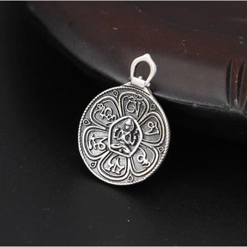 Small 100% 925 Silver Tibetan Buddha Statue Pendant Tibetan Six Words Proverb Charm Buddhist OM Charm