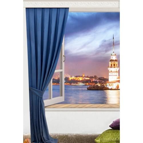 Nature Curtain Fabric Lace-Up Canvas Pleated Backdrop Curtain Blue 110x260 cm