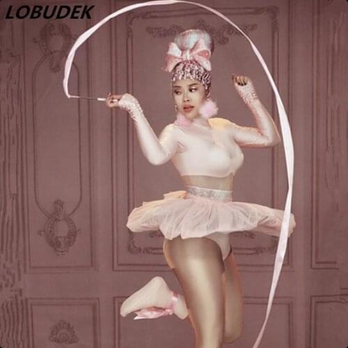 Pink Rhinestones Elastic Tight-fitting Bodysuit Cute Miniskirt 2 Pieces Womens Set Sexy Nightclub Dancer DS Performance Costume