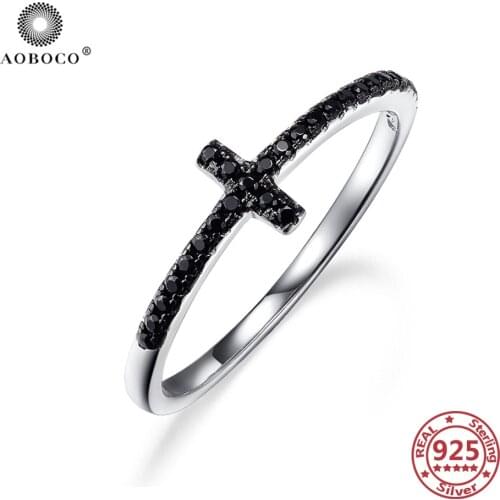 AOBOCO 925 Silver Rings Cross For Women Black Cubic Zircon Ring For Trendy Jewelry Gifts Womens Jewelry Cross Rings Moms Gifts